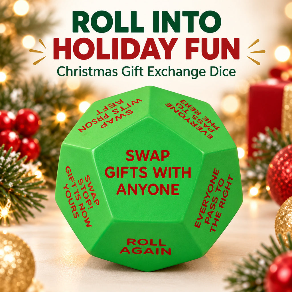 Green Christmas gift exchange die with red printed instructions