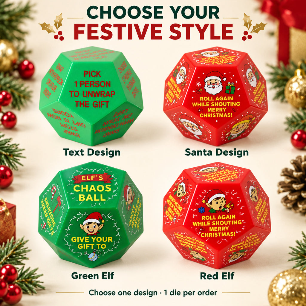Text, Santa, Green Elf and Red Elf gift exchange dice designs