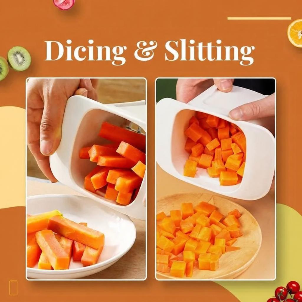 Carrot strips and diced pieces in a chopper