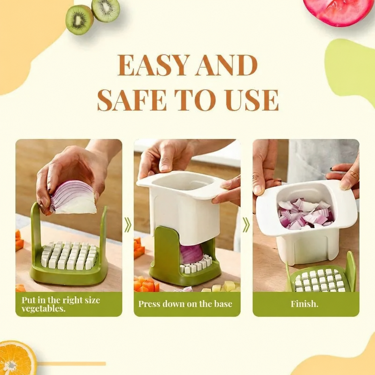 Three steps for using the vegetable chopper