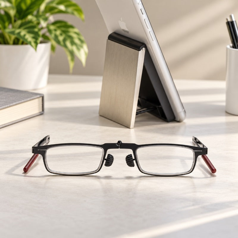 Black foldable reading glasses and phone stand case