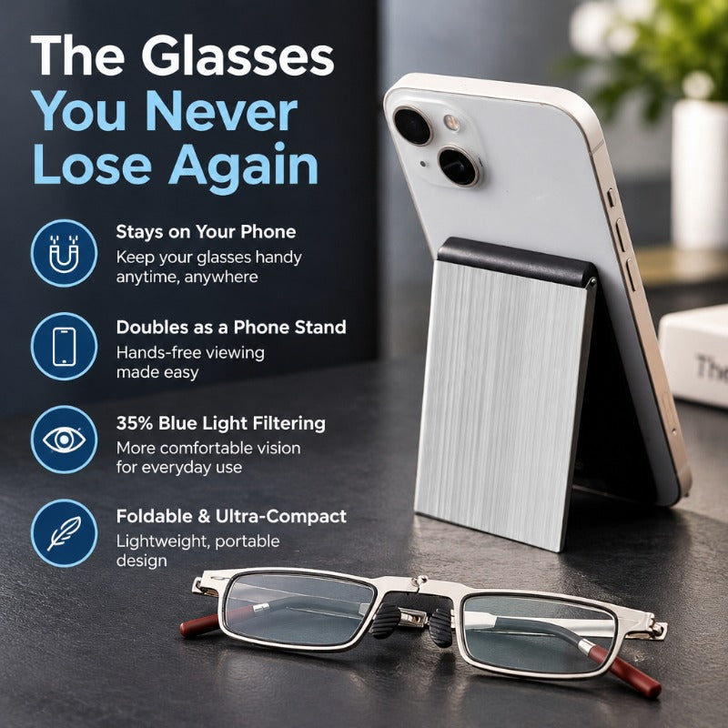Reading glasses and case shown beside smartphone