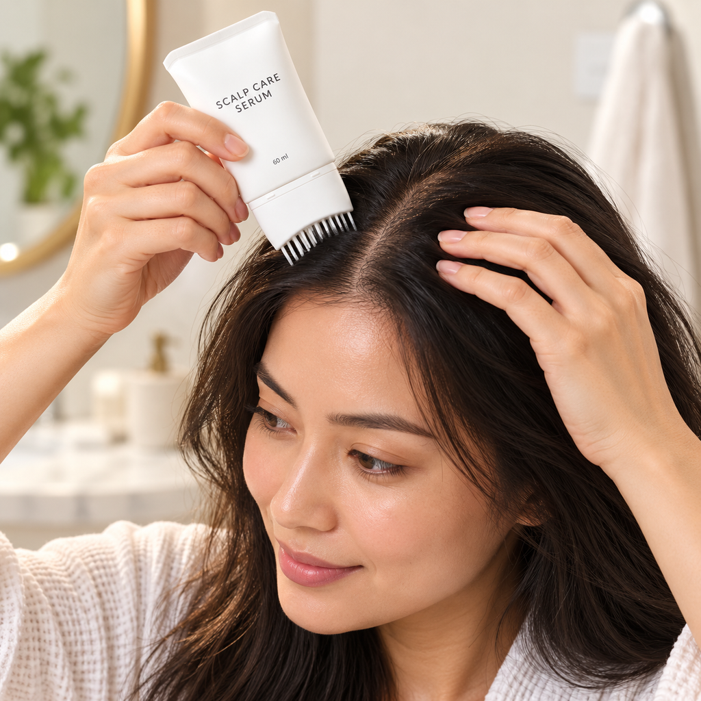 Applying scalp care serum along a hair part