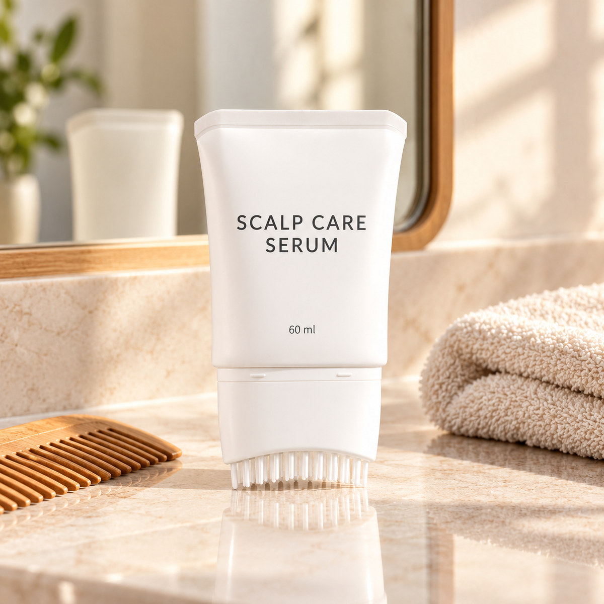 Scalp care serum bottle on a bathroom vanity