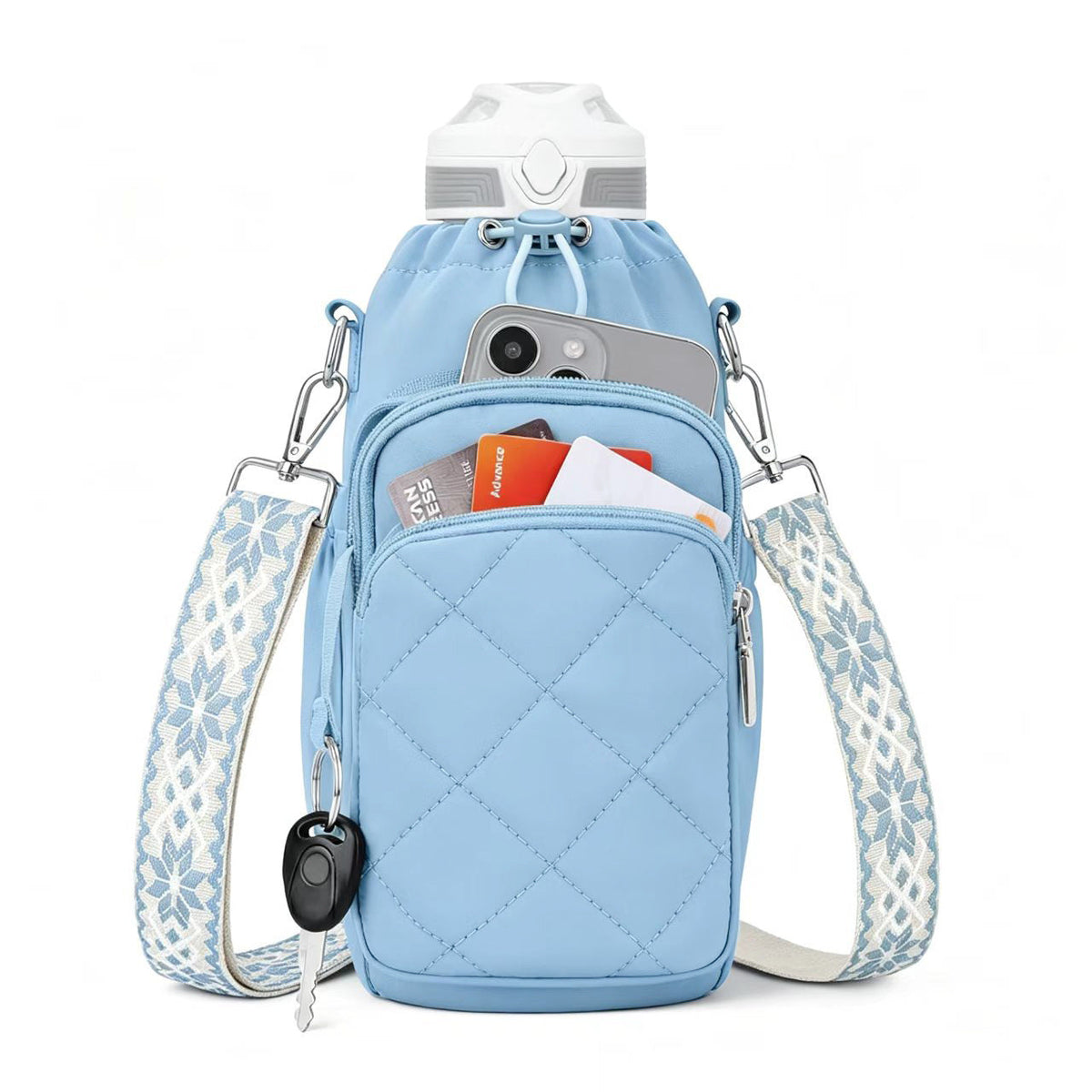 Blue diamond-pattern crossbody water bottle bag