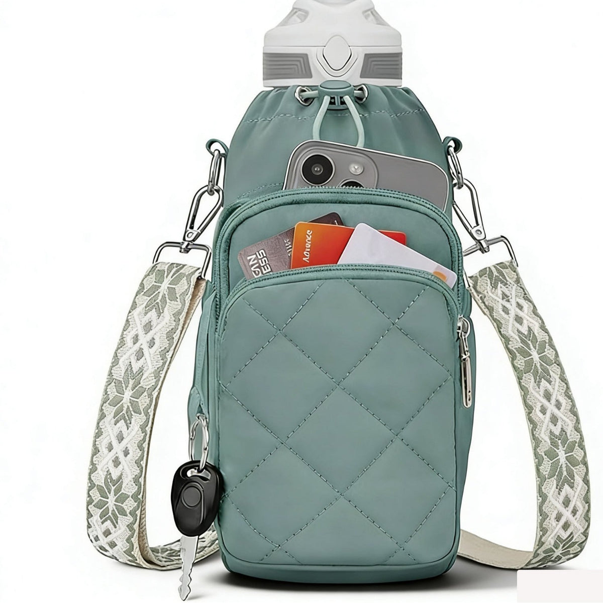 Green diamond-pattern water bottle bag