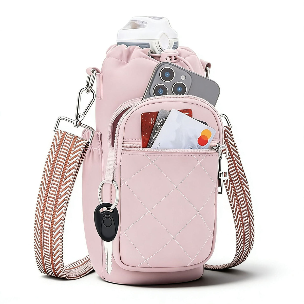 Pink diamond-pattern water bottle bag