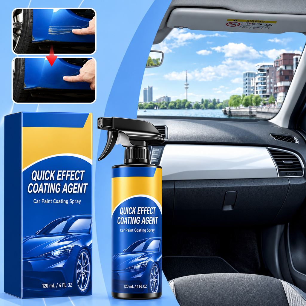 Coating spray bottle beside a car interior scene