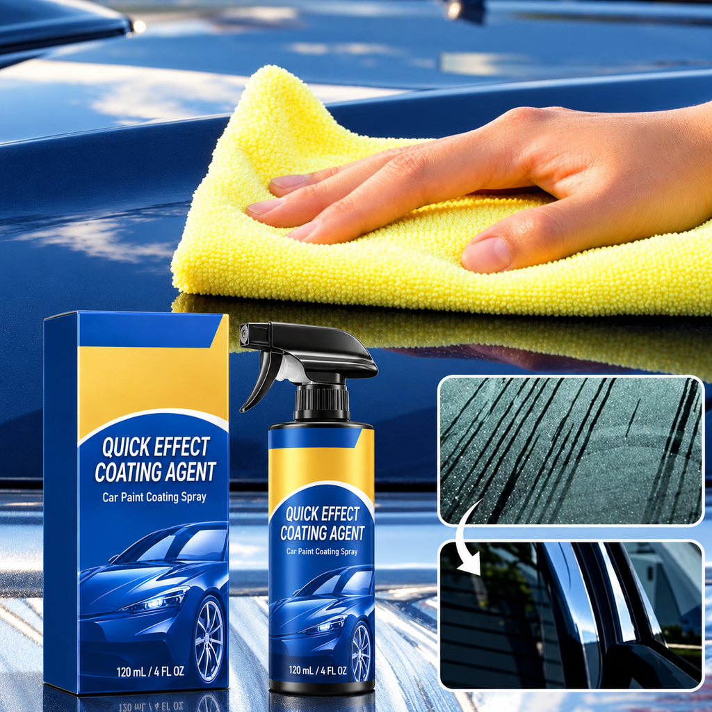 Microfiber cloth wiping a car panel with coating spray