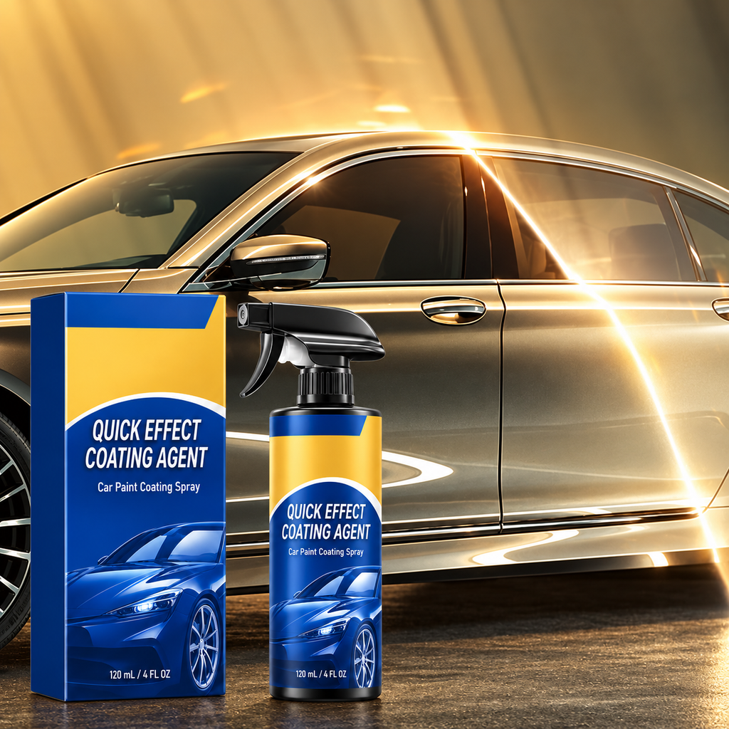 Coating spray bottle in front of a sedan