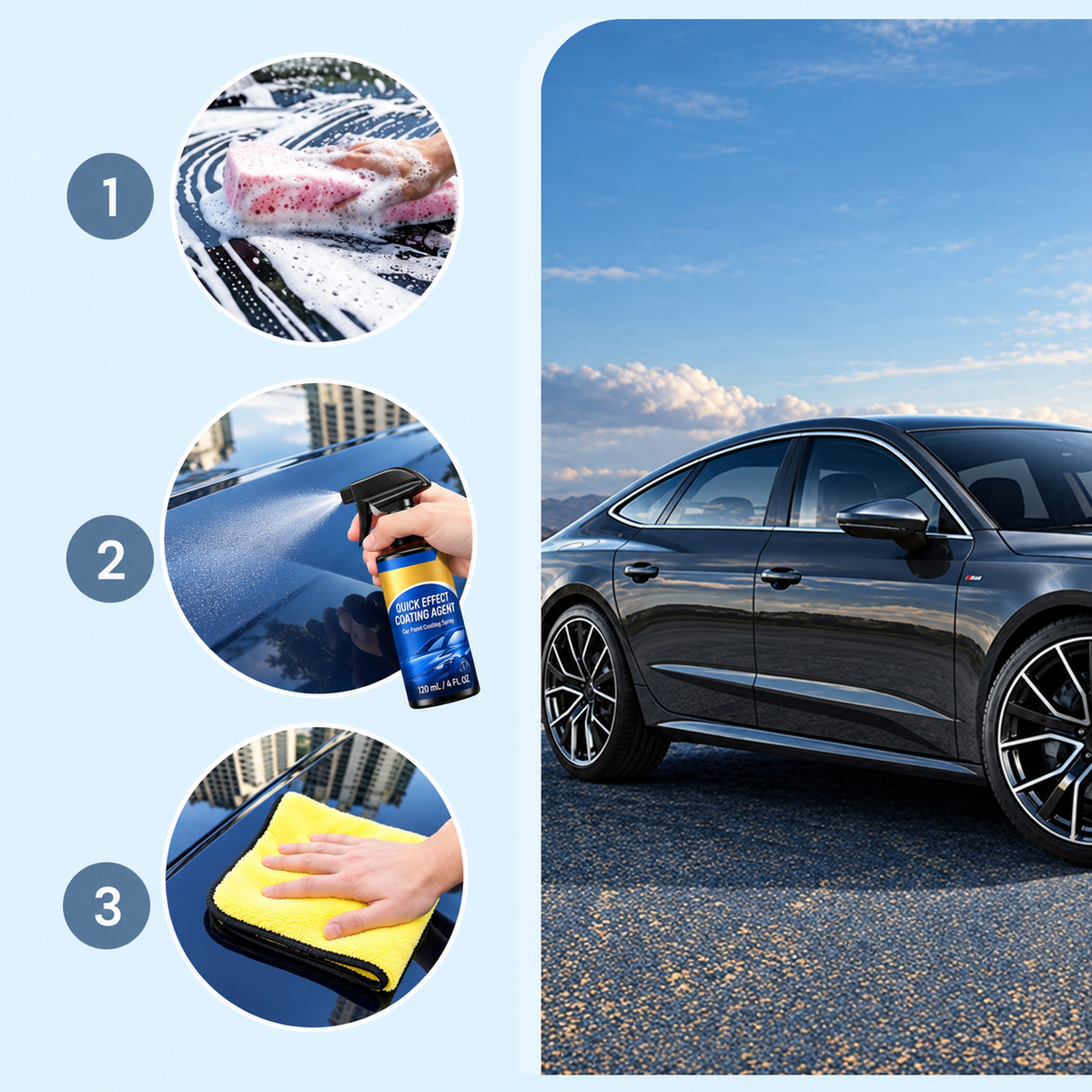 Washing, spraying and wiping steps for a car finish