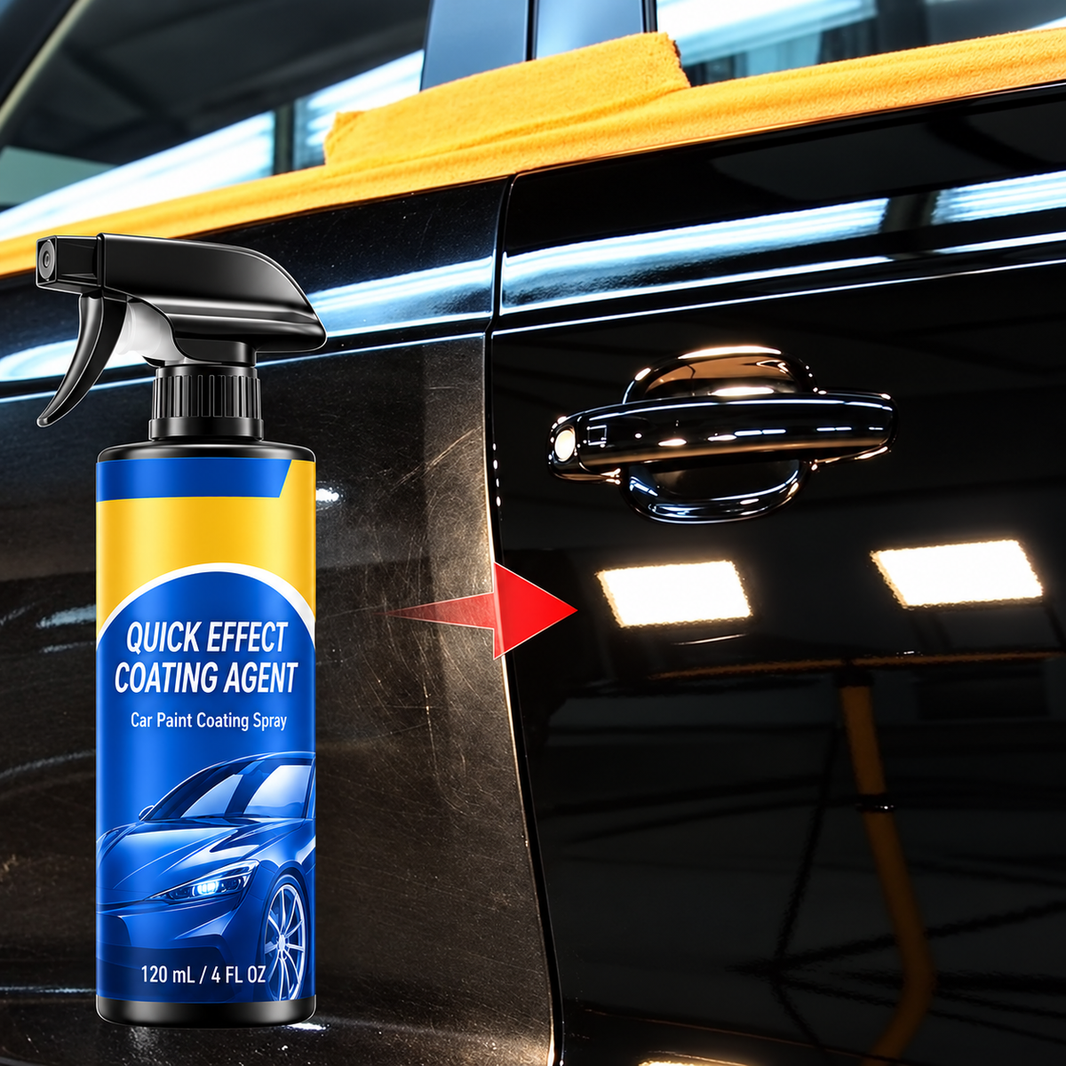 Coating spray bottle next to a dark car door