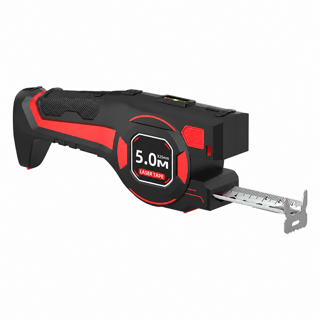 Black and red laser tape measure with extended steel tape