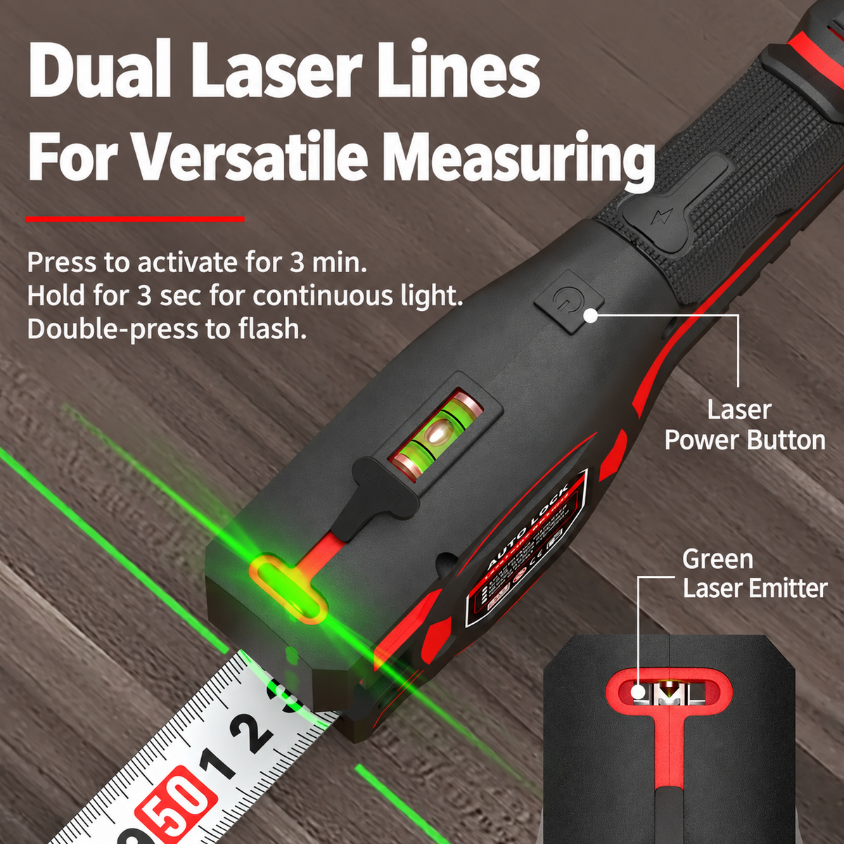 Laser tape measure projecting green laser guide lines