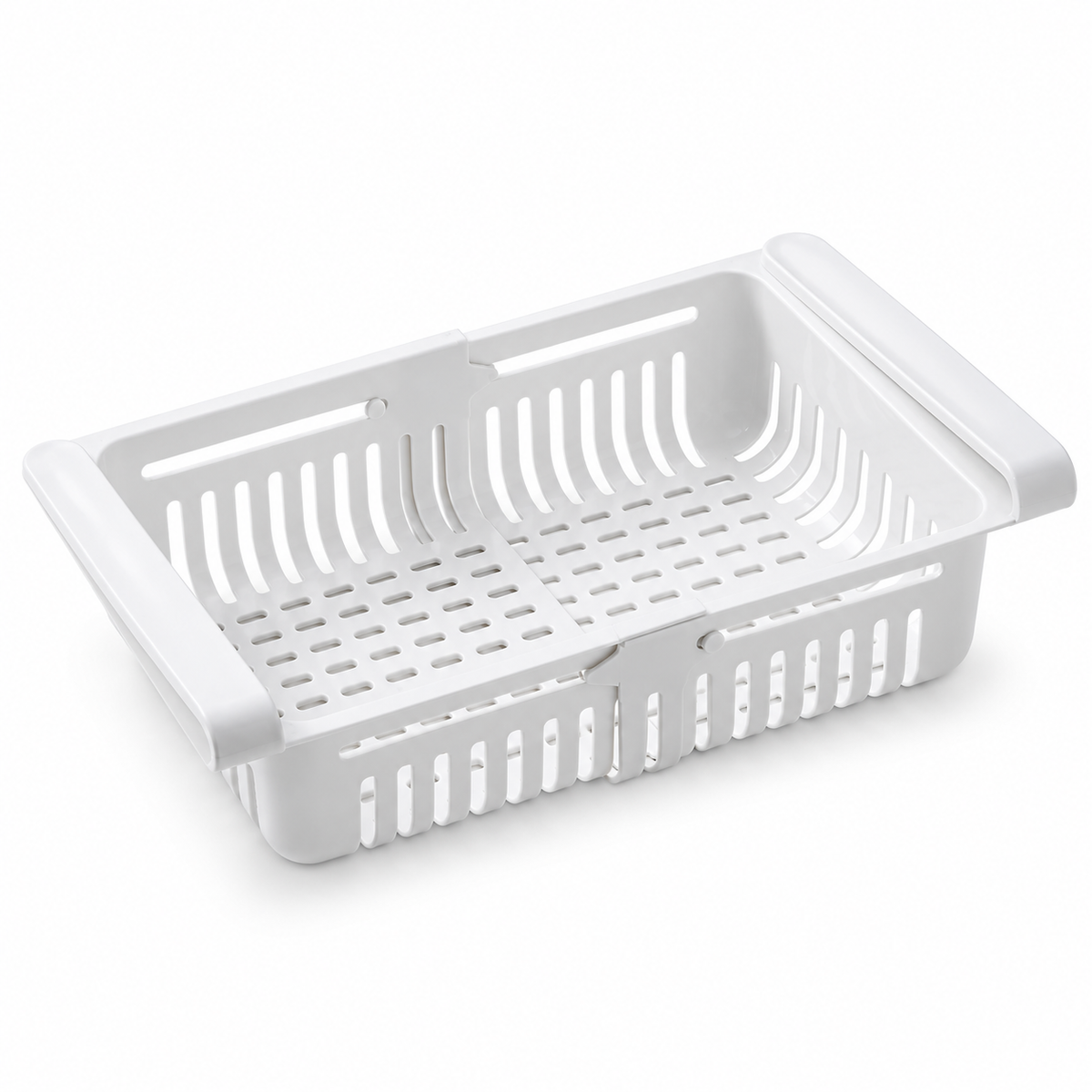White adjustable refrigerator drawer organizer on a white background