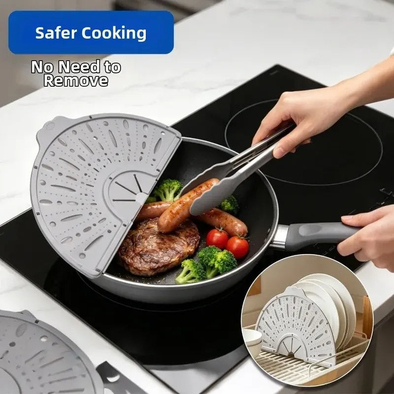 Folded guard over a pan during cooking