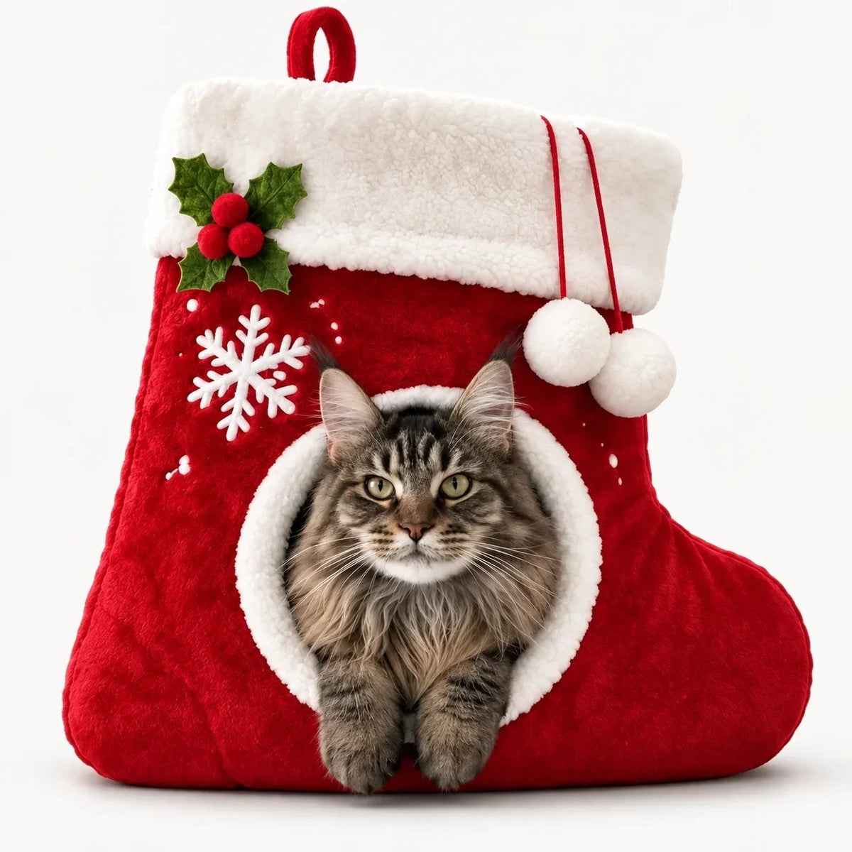 Cat in red Christmas stocking shaped plush bed