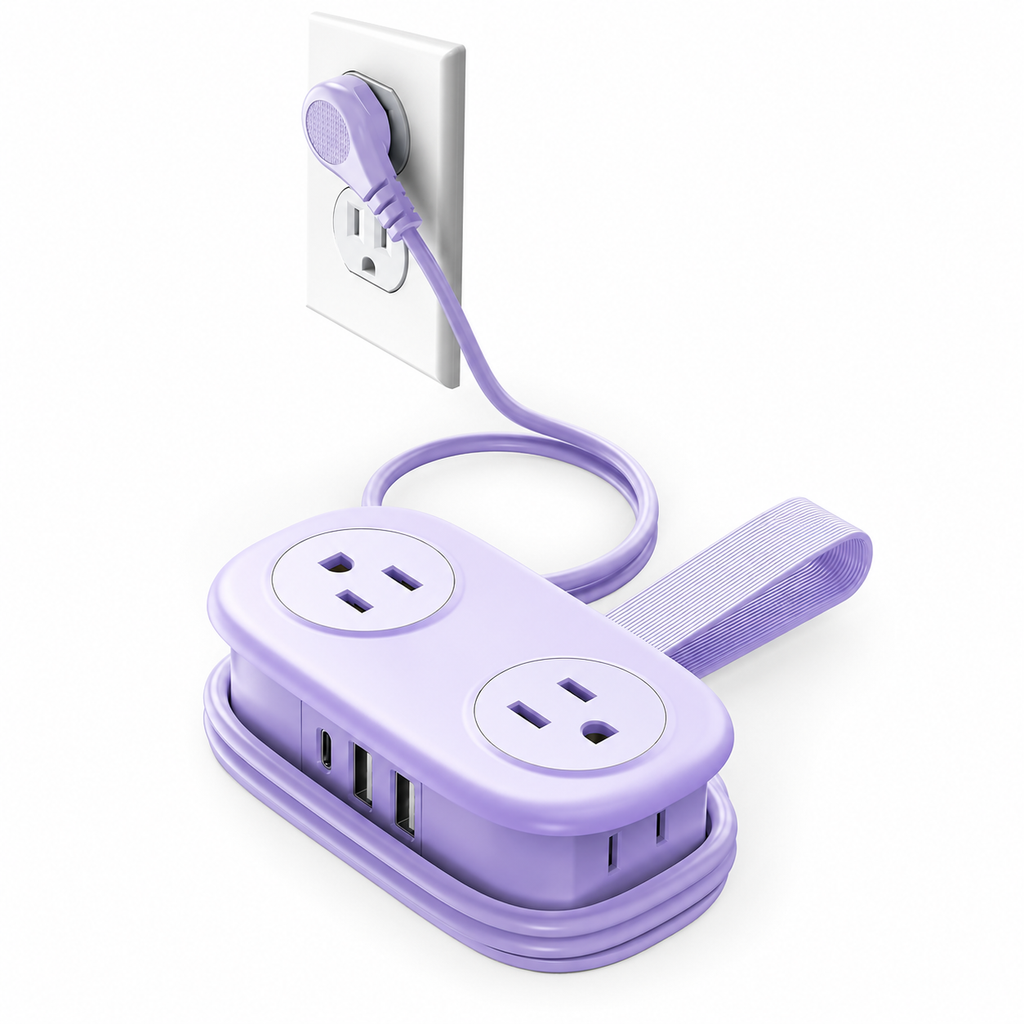 Purple travel power strip with flat plug and wrapped cord