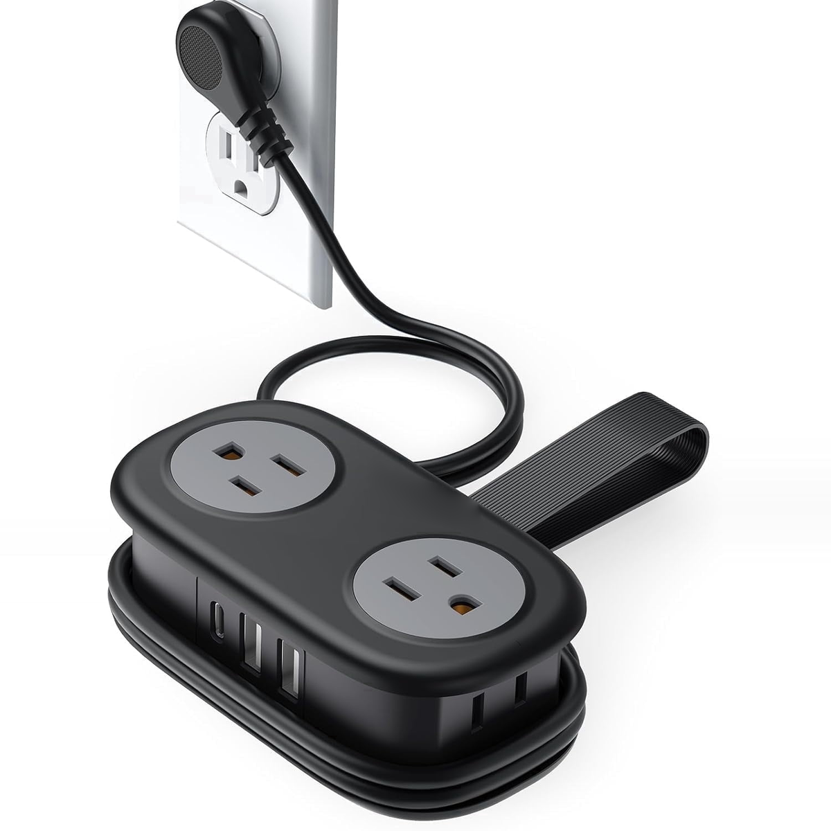 Black travel power strip with AC and USB ports