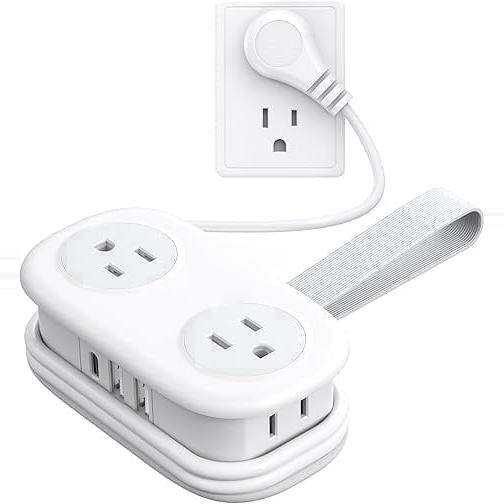 White travel power strip with AC and USB ports