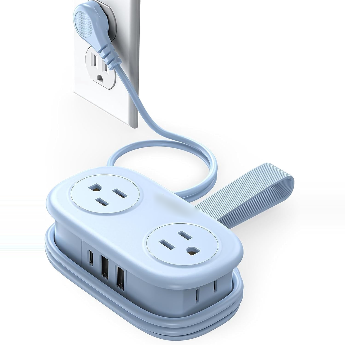 Blue travel power strip with AC and USB ports
