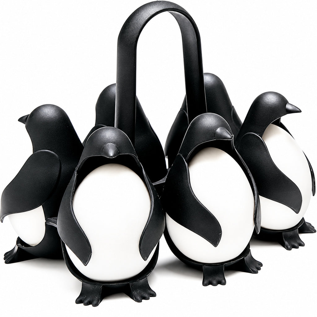 Penguin-shaped holder with eggs on white background