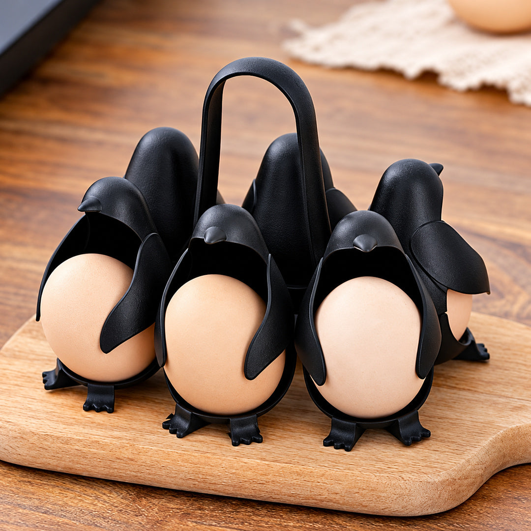 Penguin egg holder on a wooden board