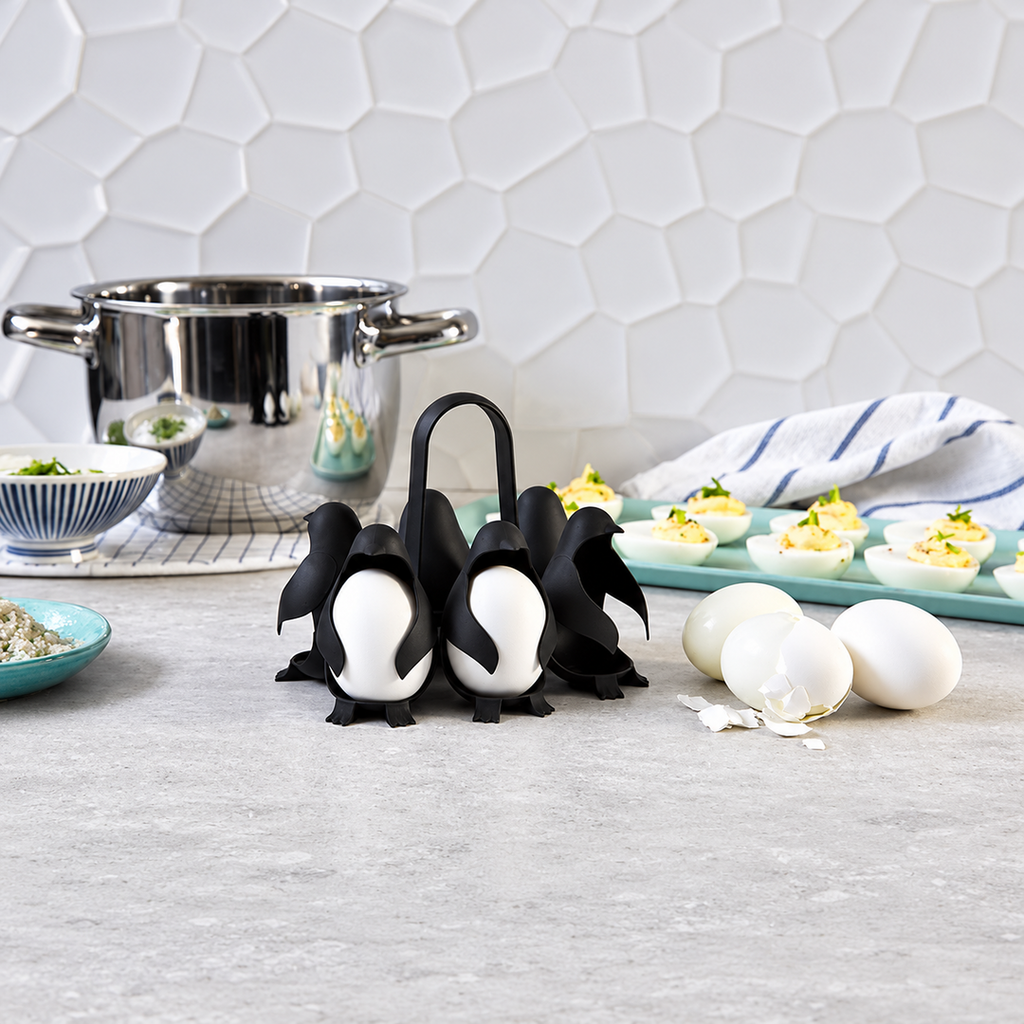 Penguin egg holder in a kitchen setting