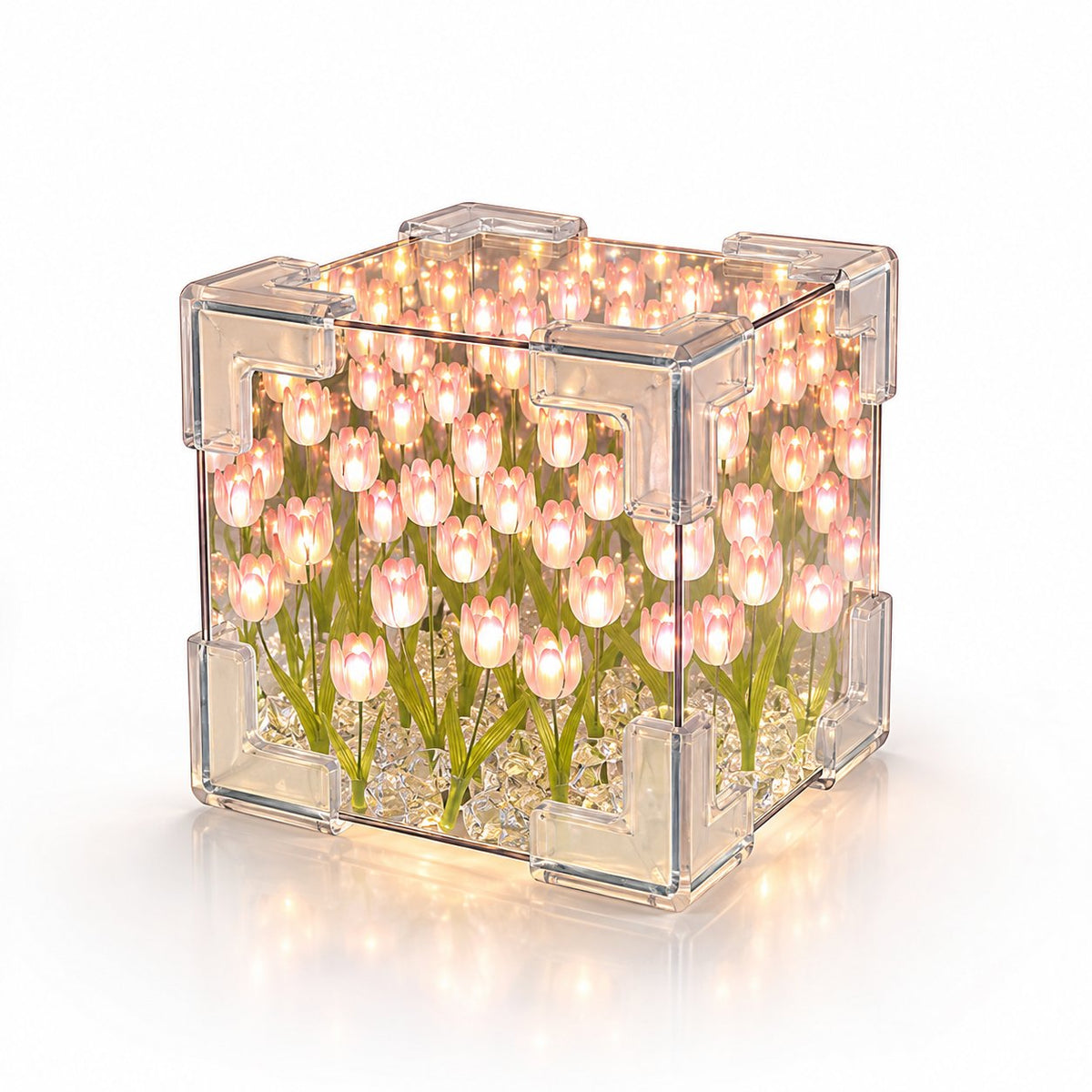Pink tulip cube night light on white background