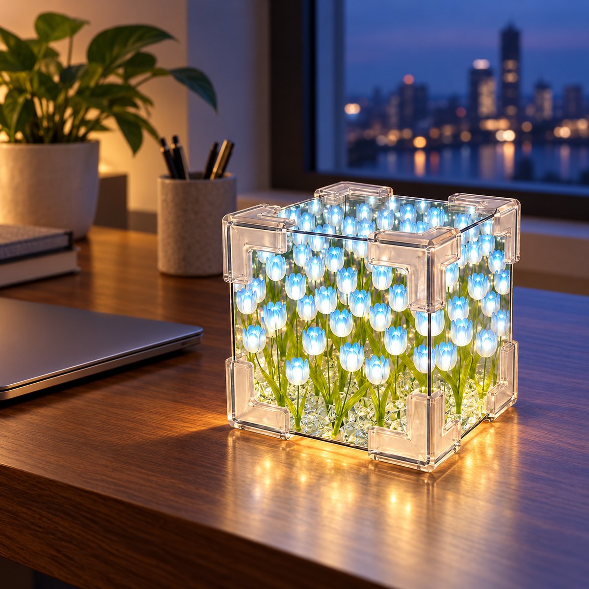 DIY Tulip Cube Night Light Glowing Flower Desktop Ornament