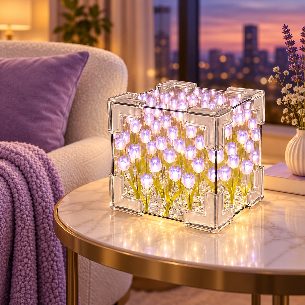 DIY Tulip Cube Night Light Glowing Flower Desktop Ornament