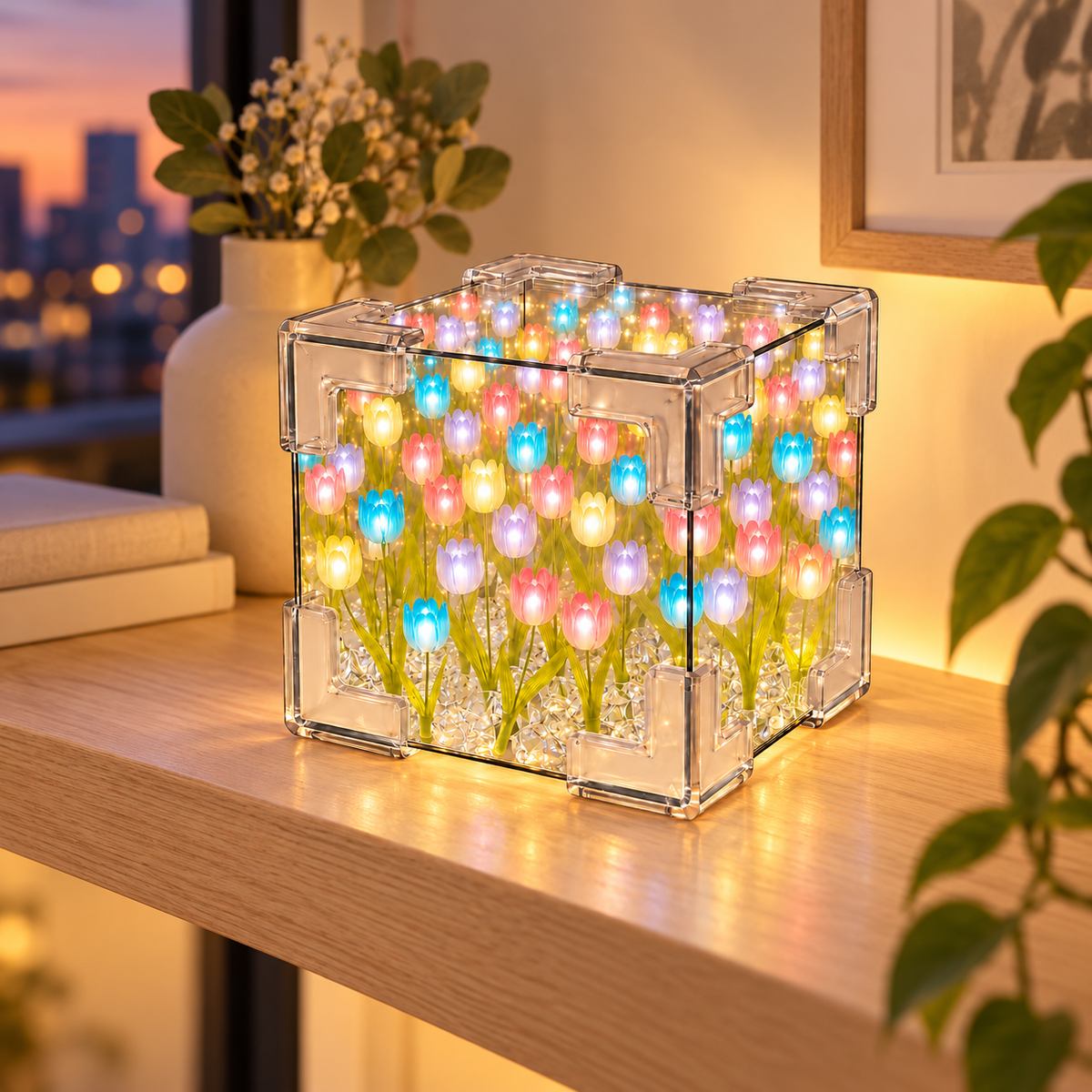 DIY Tulip Cube Night Light Glowing Flower Desktop Ornament