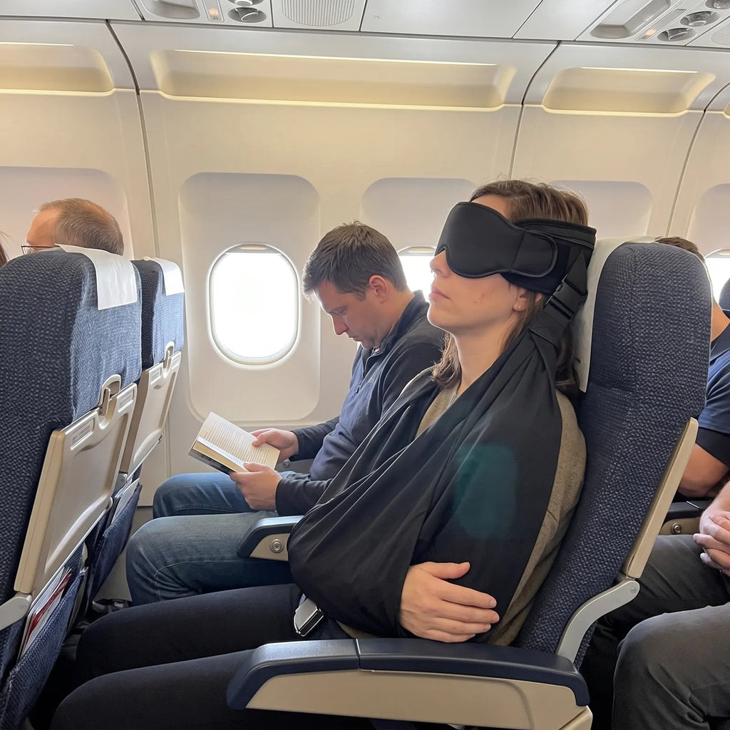 Traveler resting with the sleep set on an airplane