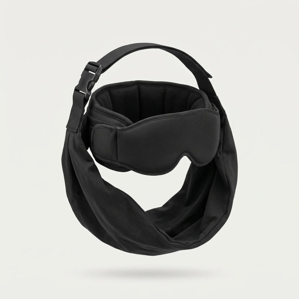 Black travel eye mask, pillow band, strap, and arm sling