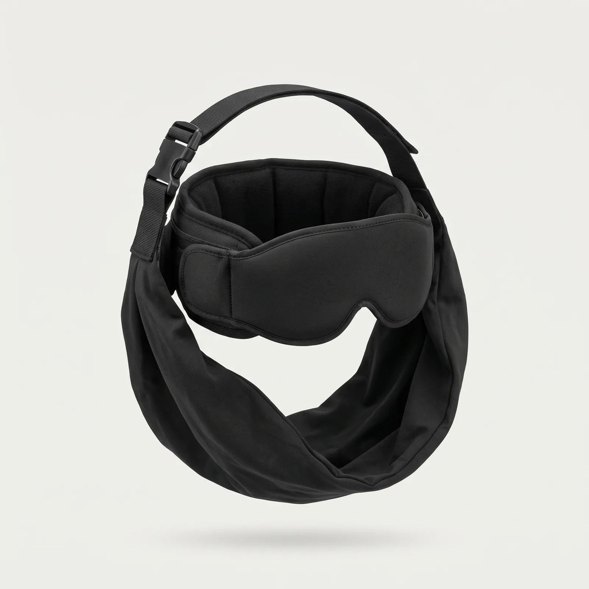 Black travel eye mask, pillow band, strap, and arm sling
