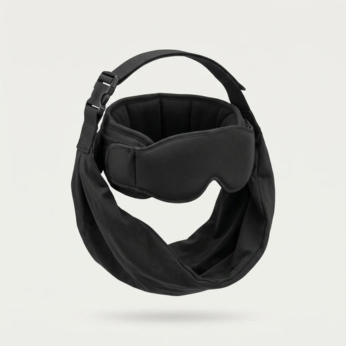 Black travel eye mask, pillow band, strap, and arm sling