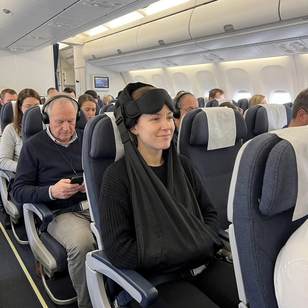 Passenger using the arm sling on a plane