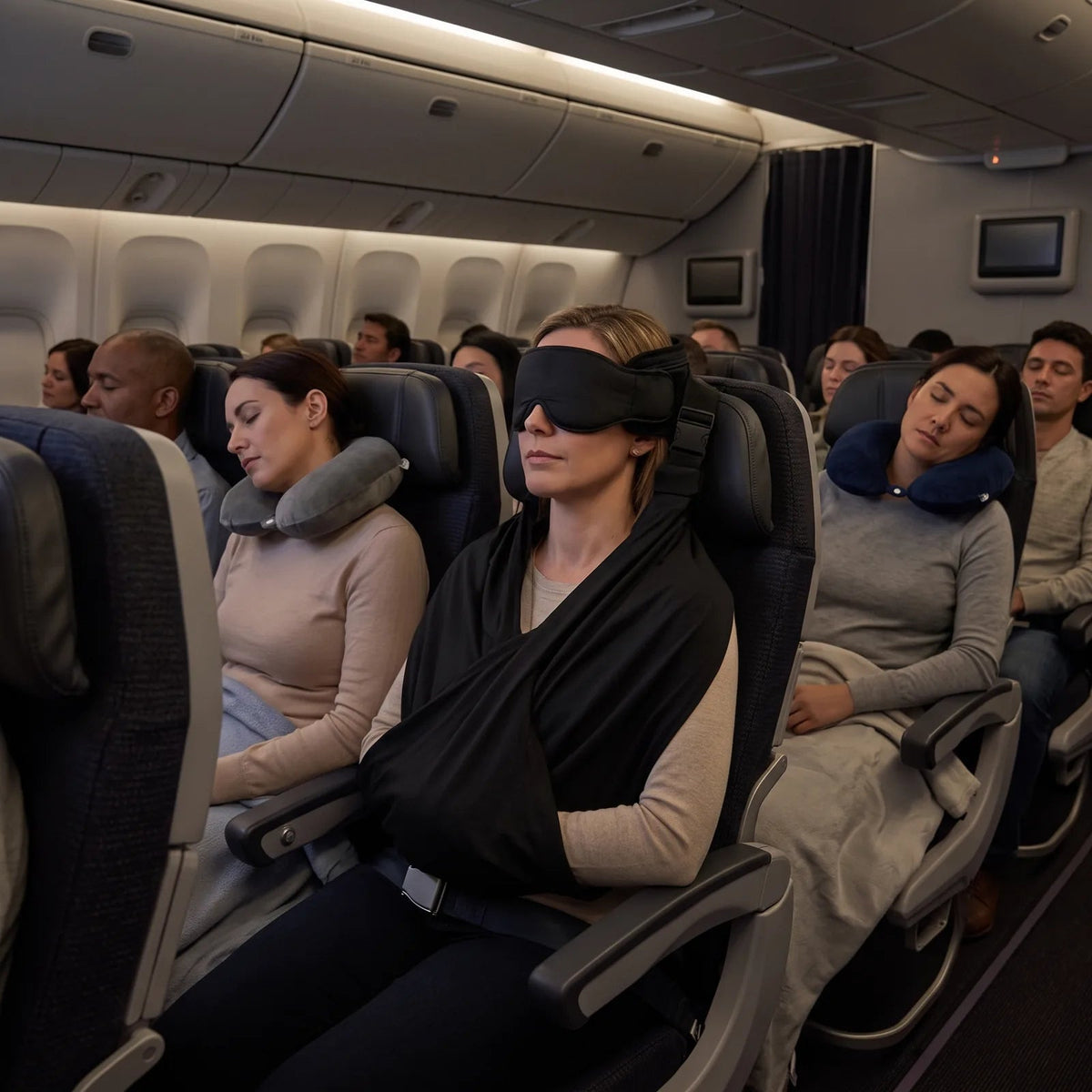 Traveler resting on a night flight