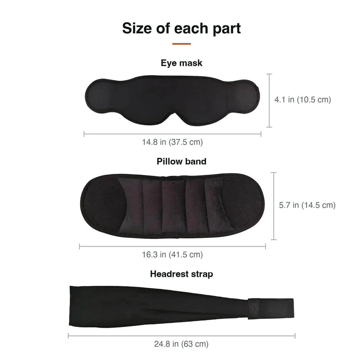Dimensions of the eye mask, padded band, and strap
