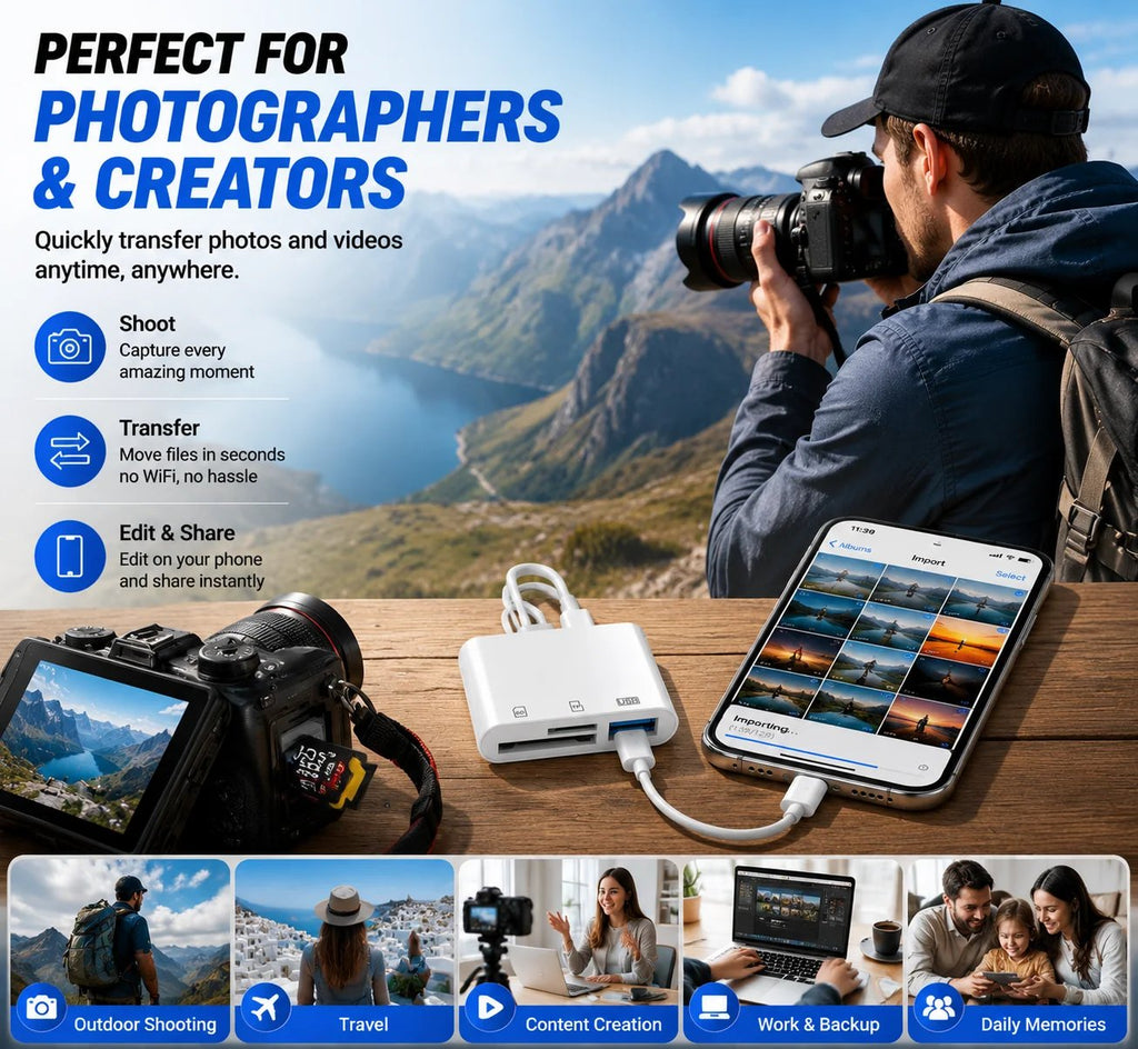 Photographer using a card reader while traveling