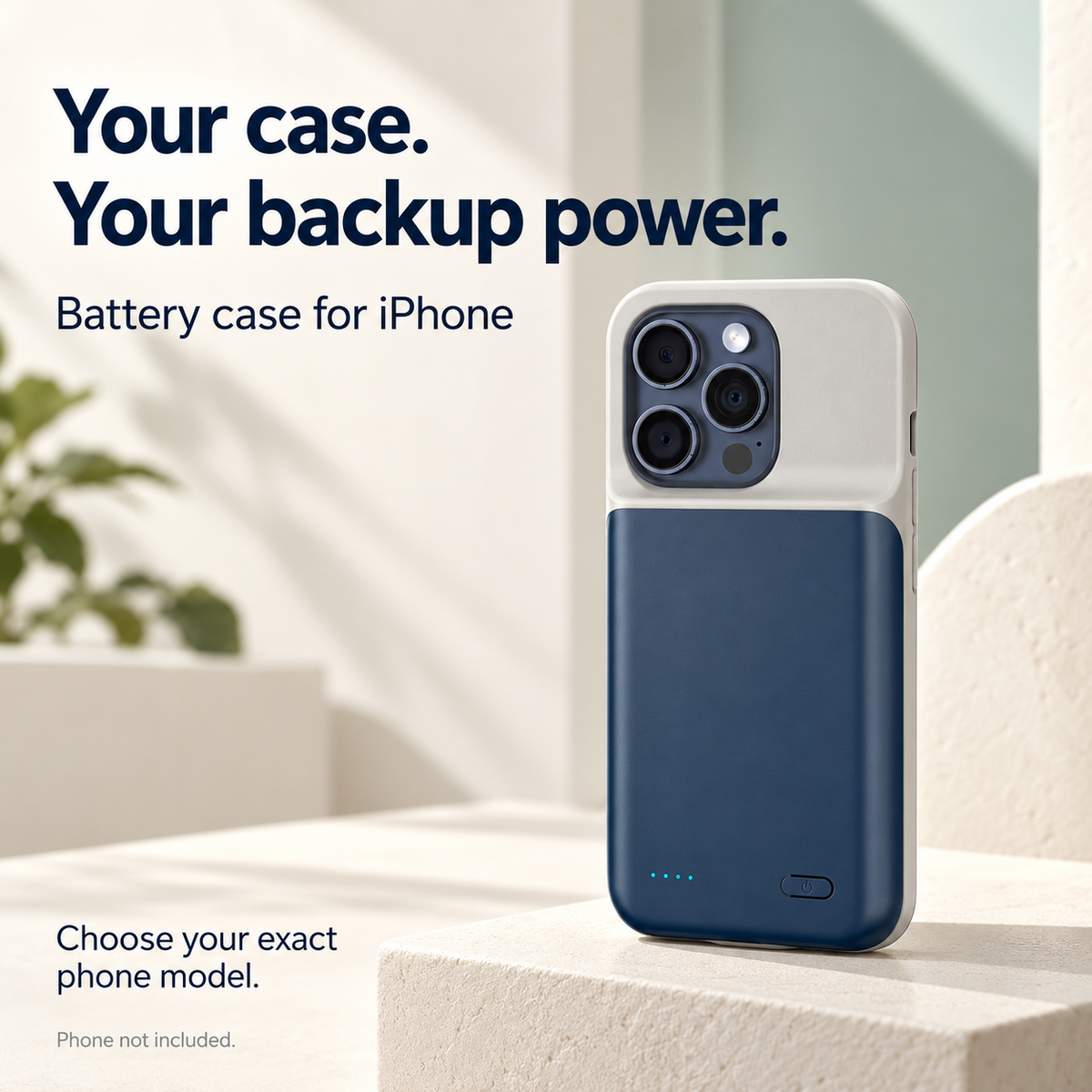 Blue battery case with integrated lower battery section; phone not included