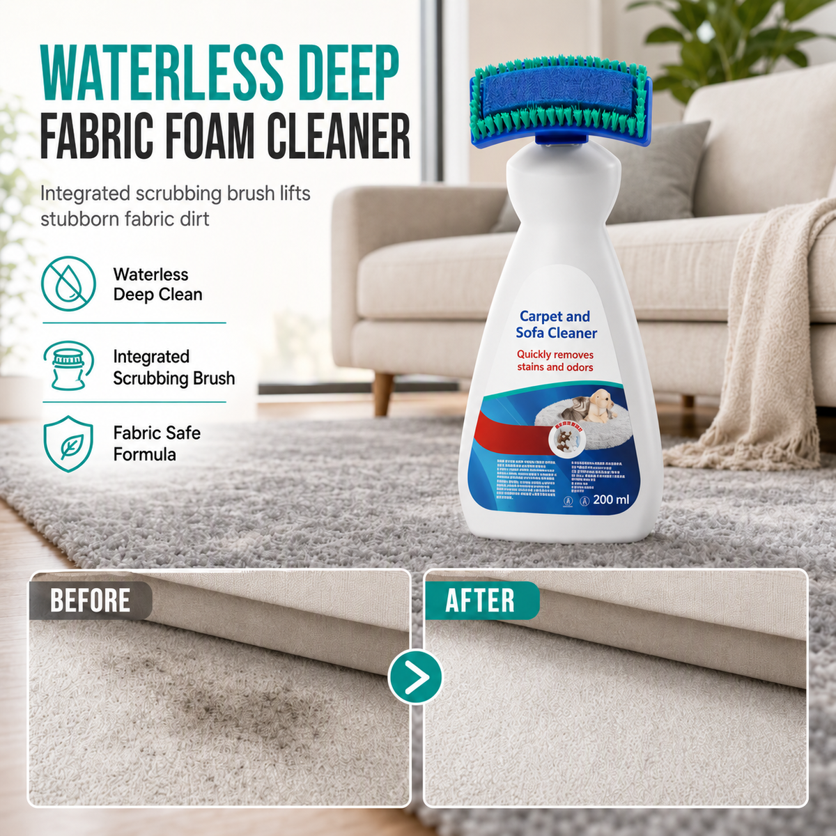 Fabric cleaner bottle beside living room sofa