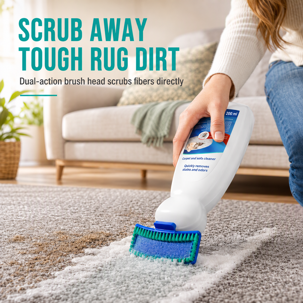 Brush applicator used on a rug