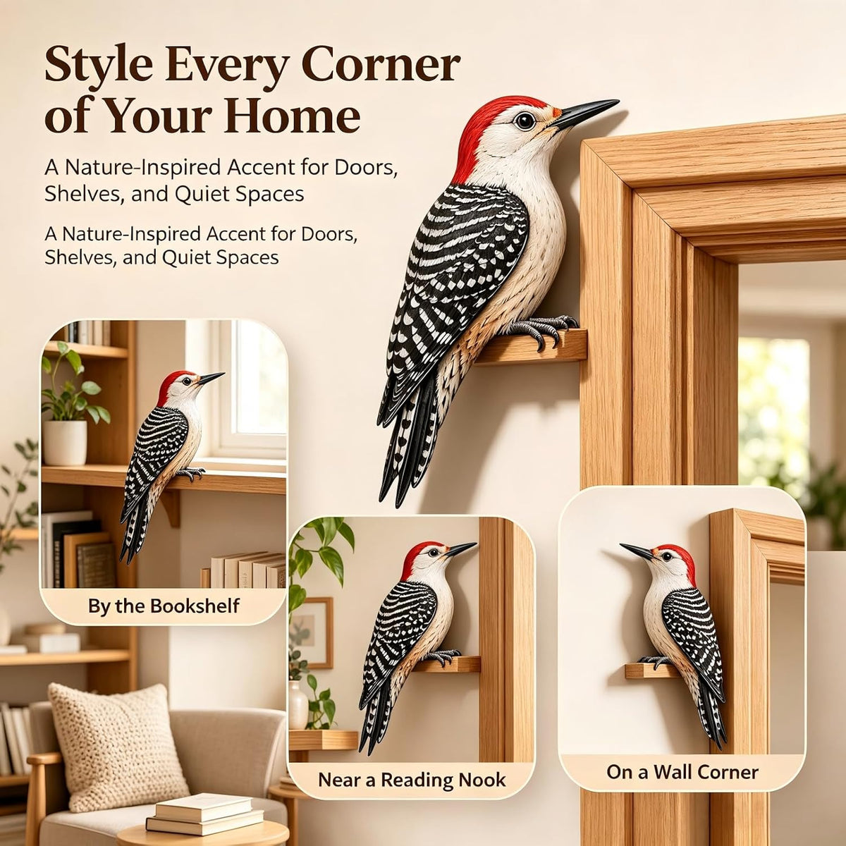 Woodpecker decor in several indoor corners