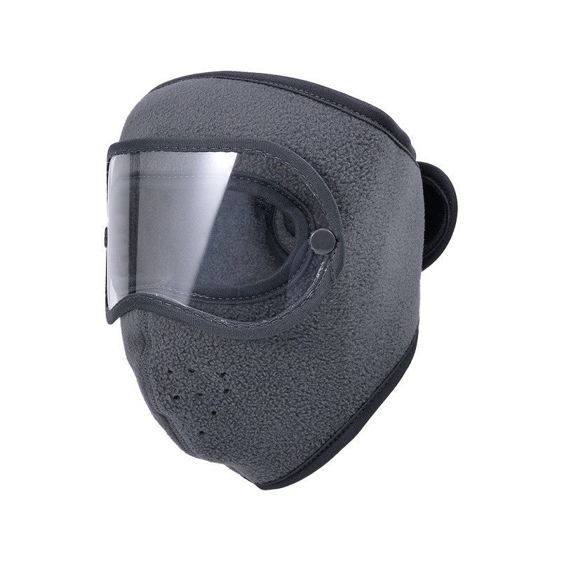 Gray face mask with clear goggle lens