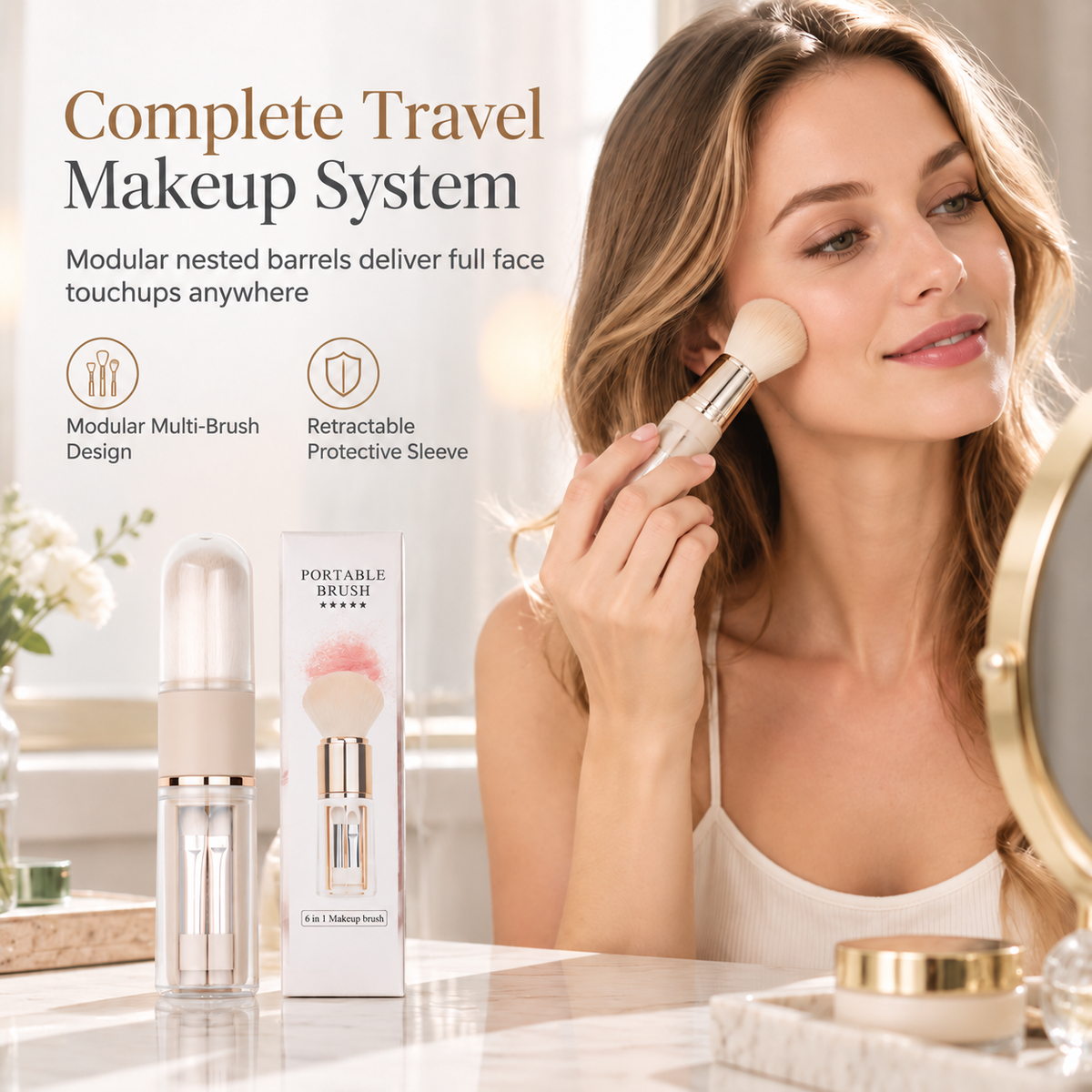 Coffee Beige portable makeup brush set in use