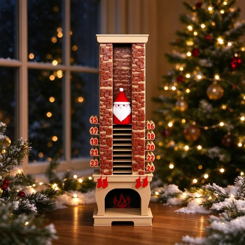 Santa chimney advent calendar at night beside tree